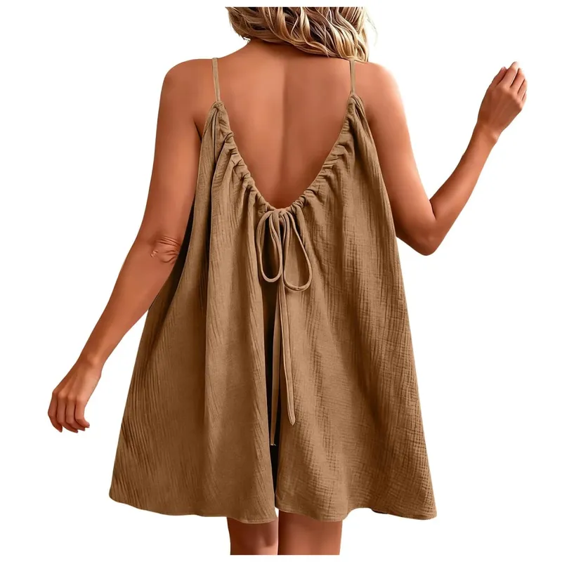 Summer Women's Cotton Linen Mini Dress 2026 New Bohemian Spaghetti Straps Dresses Backless Sundress Loose Holiday Party Robe — image 10