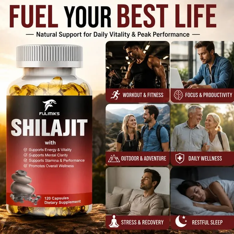 Shilajit 6550MG Capsules with Ashwagandha & Ginseng Supports Energy Stamina Immunity Brain Function & Healthy Aging