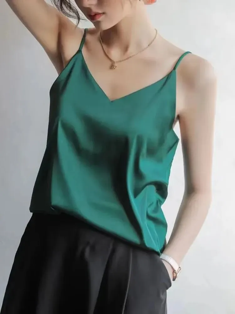 Women Halter V Neck Basic White Cami Spaghetti Strap Top Sleeveless Satin Silk 2026 Tank Tops Women'S Summer Camisole — image 2