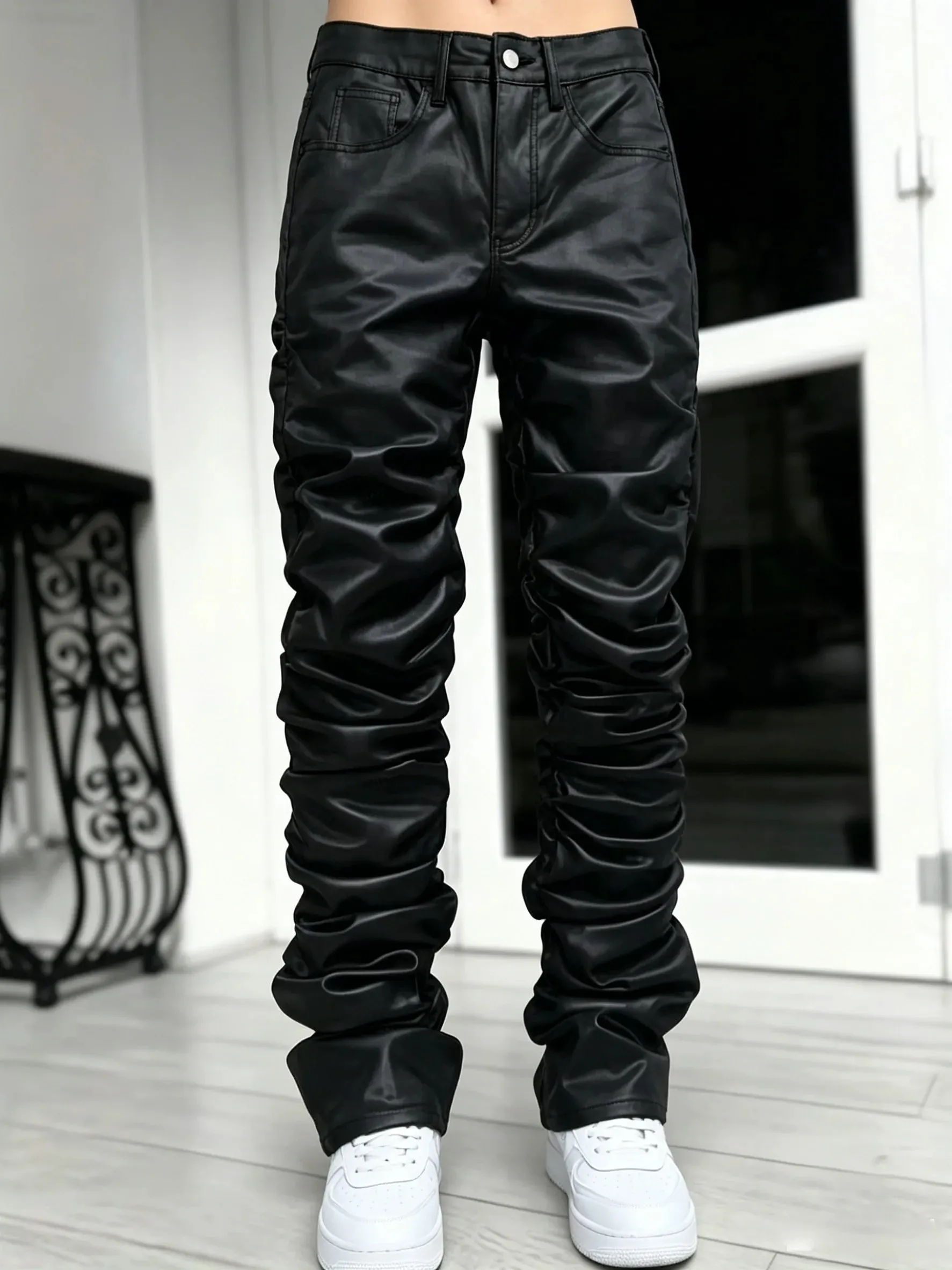 【HME】Men's Jeans | Black Wax Coated Denim Pants Faux‑Leather Look Stacked Ruched Denim Jeans For Men Full‑Length Wrinkle Pleat Design Tough Coated Denim Fabric Street‑Fashion Stacked Fit Male Trousers — image 3