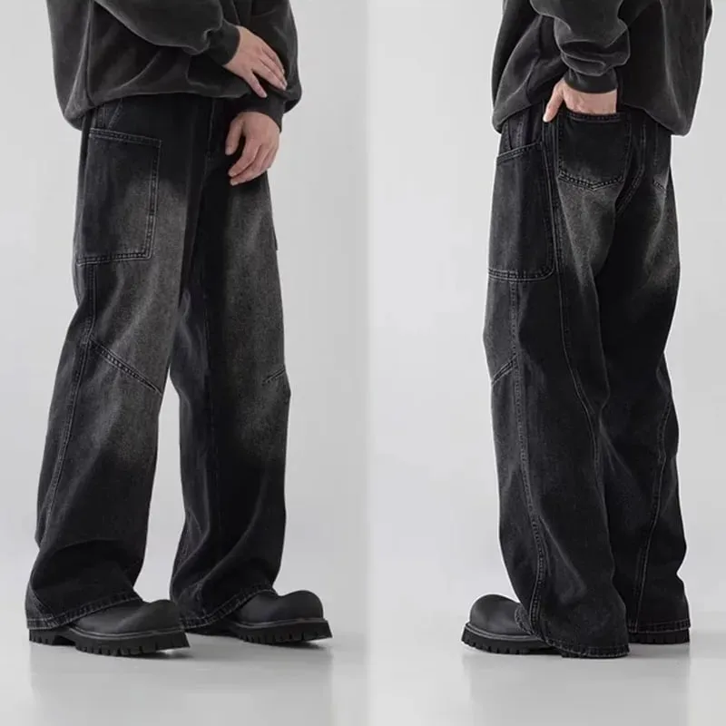 Korean Style Large Pocket Workwear Jeans Retro Blue Men'S Baggy Jeans Straight Leg Pants Casual Wide Leg Pants Casual Pants — image 3
