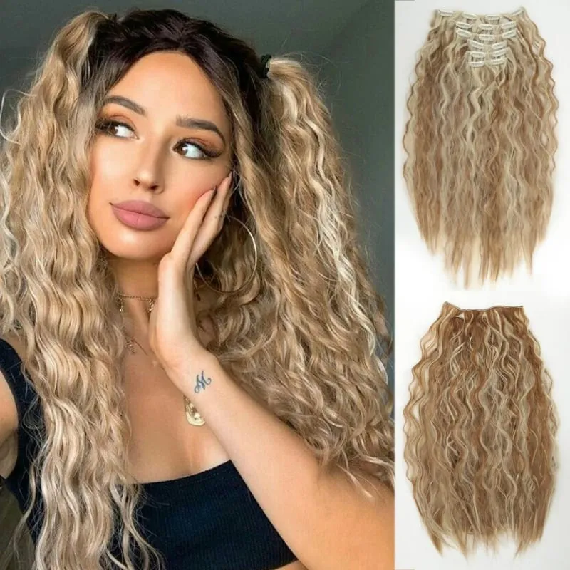 6PCS Clip In Hair Extensions 24" Black Brown Hair Extension Long Mermaid Waves Synthetic Clip On Hairpiece For Women — image 2