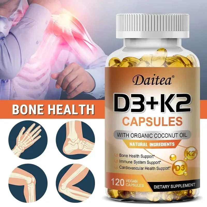 Cápsulas veganas de vitamina D3 K2 - Aceite de coco orgánico - Suplemento diario para un sistema inmunológico y huesos saludables Sin gluten ni soja