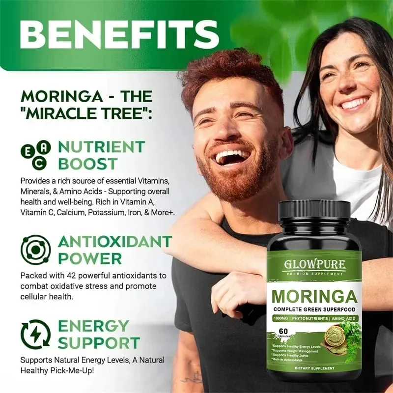 Pure Moringa Capsules - Superfood for Energy Skin Immune & Gut Health with Antioxidants Vitamins & Amino Acids