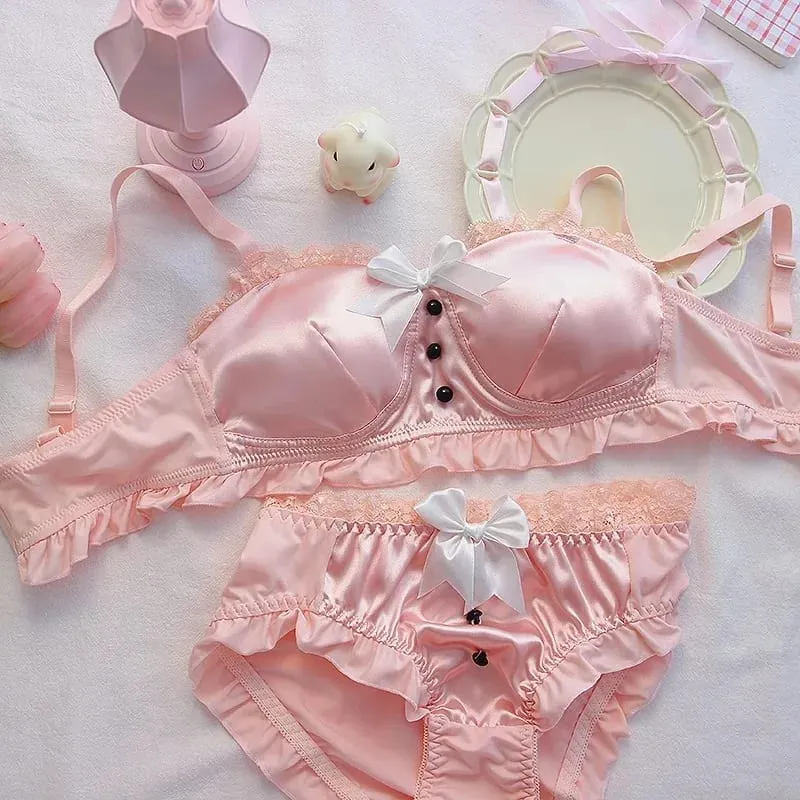 ญี่ปุ่นหวาน Retro ชุดชั้นในชุดน่ารักชุดนอนสบายไม่มีแหวนเหล็ก Bra สำหรับหน้าอกเล็ก