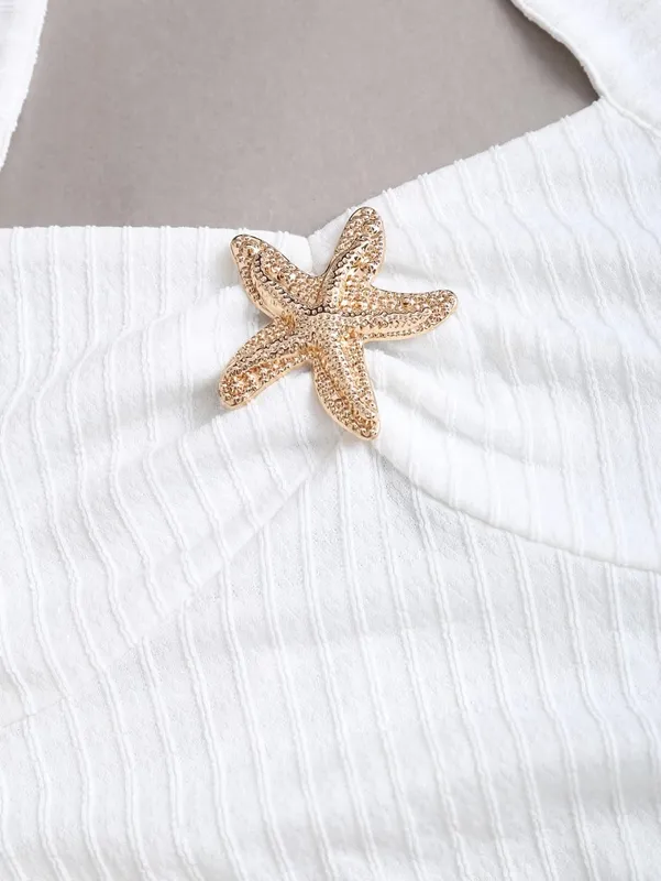 White Halter Neck Mini Dress Women's Ruffled Starfish Embellished Summer Casual Evening Gown — image 5