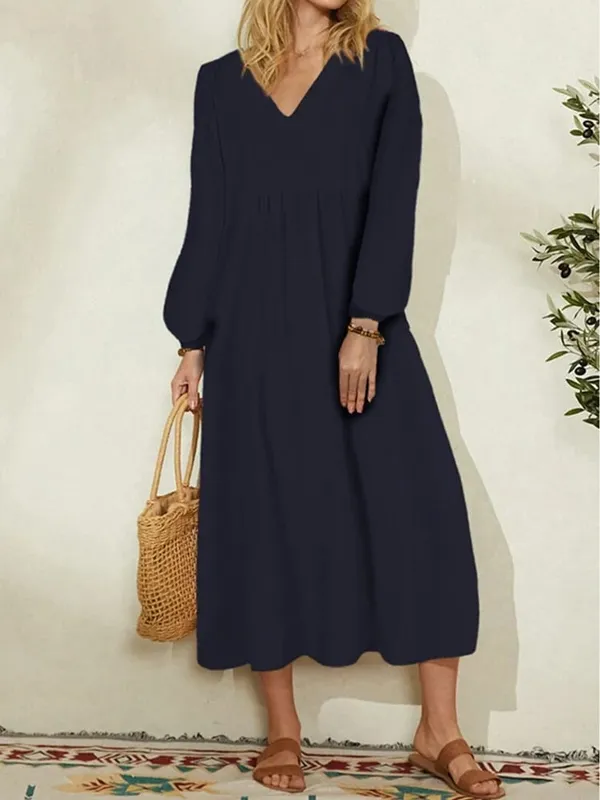 Plus Size Spring/Fall New Arrival Women's Cotton-Linen Blend Loose-Fit Bell-Sleeve Dress Casual Elegant for Everyday Wear