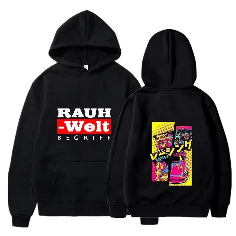 Rauh Welt هوديي سيارة واسعة الجسم ضبط JDM سباق فن البوب ​​الهزلي الجمالي الأسود المتضخم عادية البلوز كم طويل