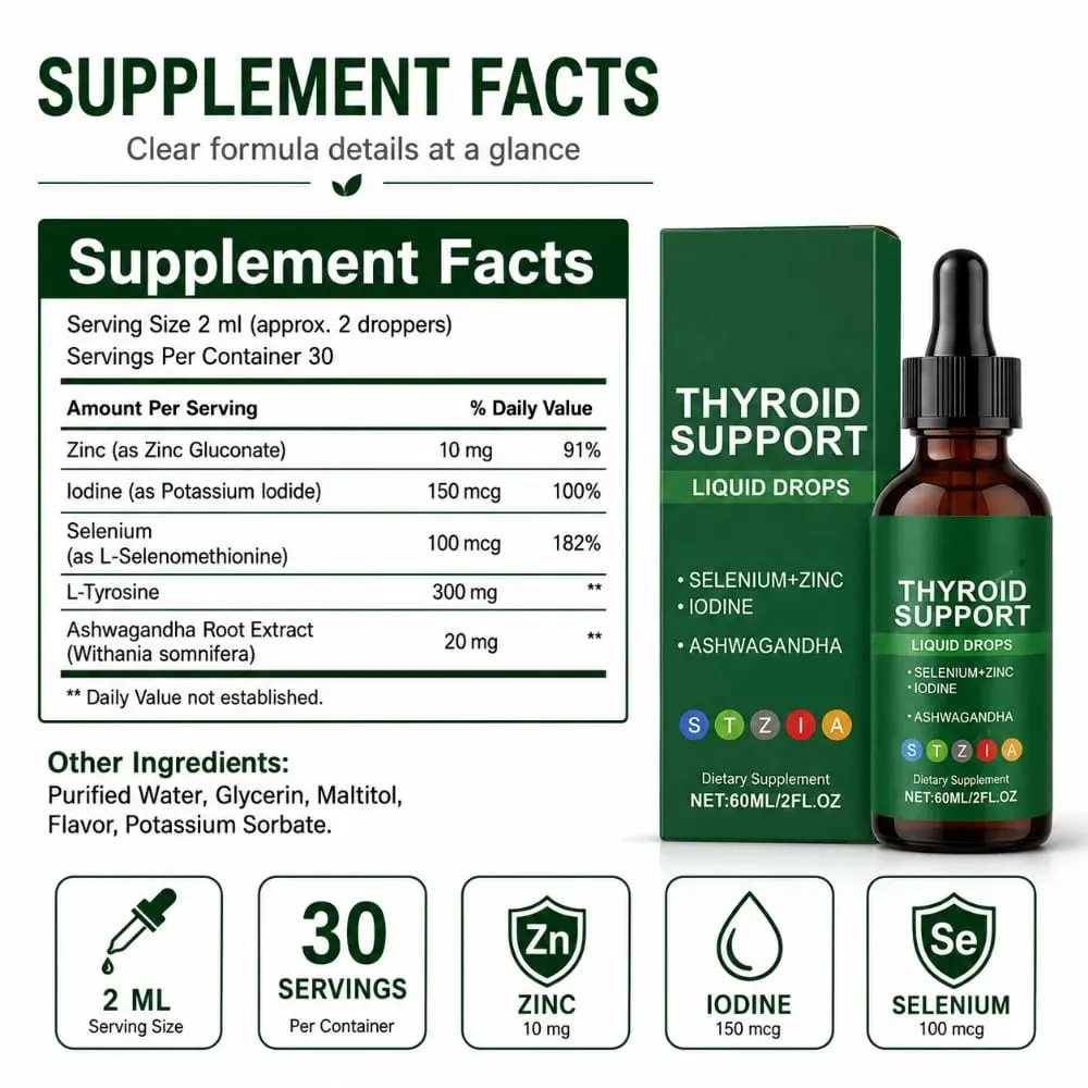 Docteat Thyroid Support Liquid Drops Selenium Zinc Iodine L-Tyrosine Ashwagandha 60ml 30 Servings For Men & Women Daily