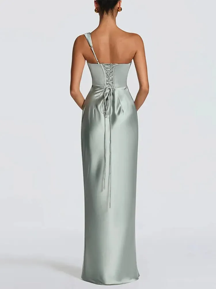 Fashion Women's Satin One Shoulder Long Dress Bandage Pleated Backless Sleeveless Dresses 2026 Summer Lady Party Evening Robes — image 4
