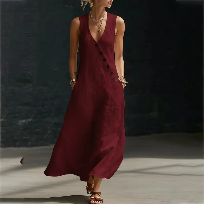 2026 Casual Sleeveless Loose Maxi Dress Women Summer Fashion Solid Color V-neck Holliday Elegant Long Dresses — image 6