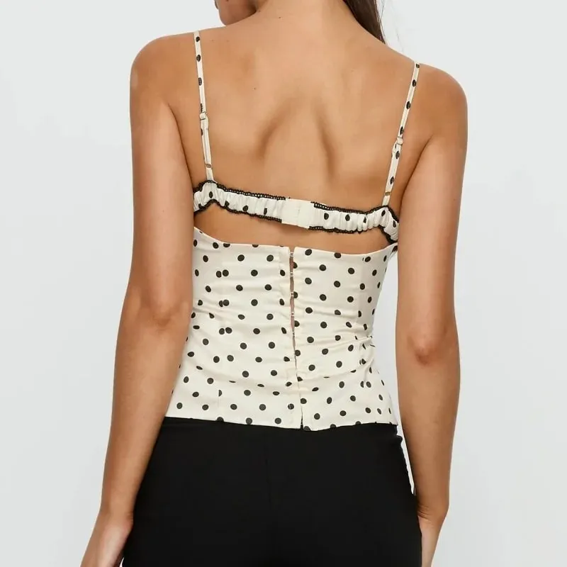 Women Polka Dot Lace Trim Cami Top Sexy Backless Sleeveless Slim Fitted Camisole Top Vintage Y2k Streewear