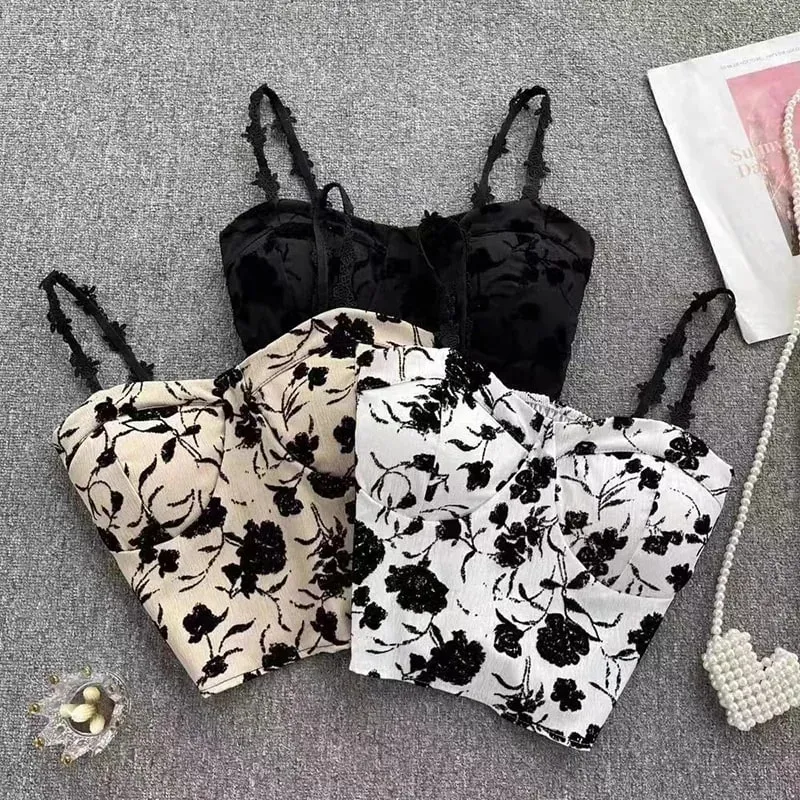 Women Sweet Elastic Camis Underwear Padded Bra Spaghetti Cute Crop Tops Print Tank Tops For Women Summer — image 2