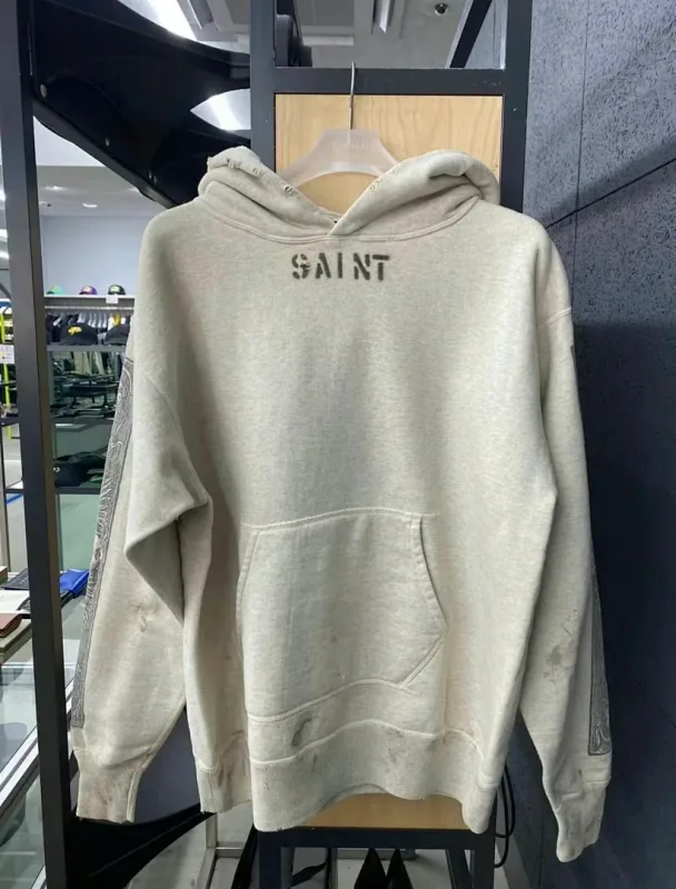 24FW SAINT Vintage Angel Printed Distressed Women Men Hooded Sweatshirt Hoodies Oversized Men Casual Cotton Pullover Hoodie — image 9