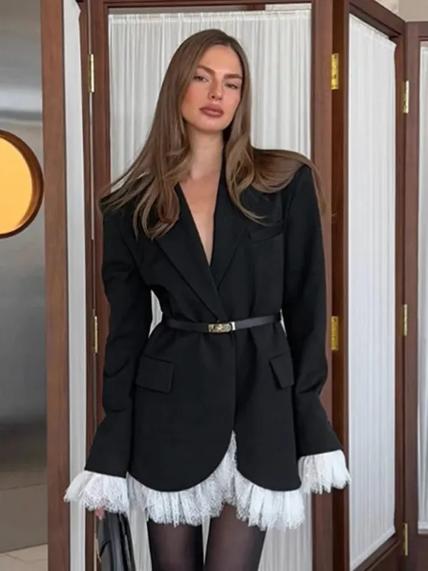 2026 Autumn New Sexy V-Neck Lace Patchwork Black Dress Elegant Temperament Long Sleeve Blazer Short Dresses Women Clothing