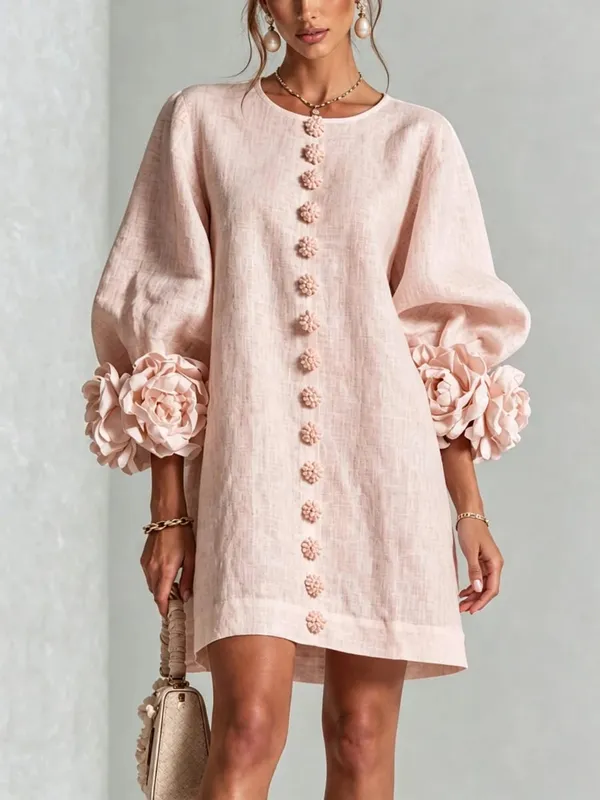 Women Linen Mini Dress O Neck Puff Long Sleeve 3D Flower Cuff Decor Flower Button Loose Casual Short Dresses for Party Vacation — image 2
