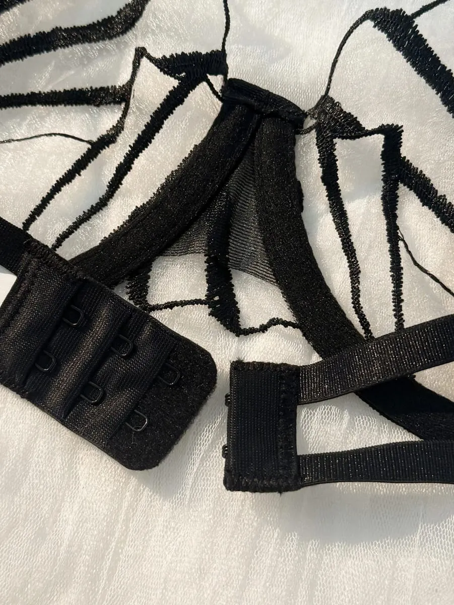 Women Black Geometric Embroidery Lingerie Set Ruffle Trim Underwire Bra Thong Sheer Mesh Stylish Intimate Underwear ZA824058 — image 5