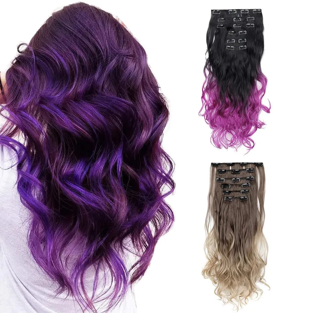 Clip in Hair Extensions 6PCS Hairpiece 20Inch Long Wavy Synthetic Thick Double Weft Hair for Women Gradient Color Daily Use