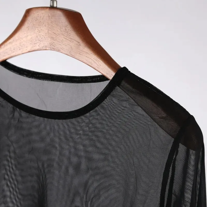 Sexy Women Long Sleeve T-shirt Casual Crew Neck See-through Slim Fit Sheer Tops Tees Y2k Club Streetwear — image 3