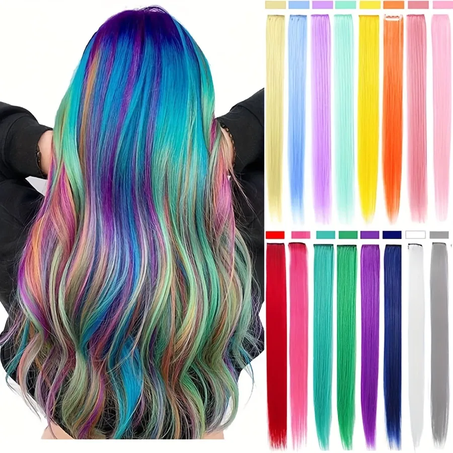 5pcs/set Colorful Clip In Synthetic Hair Extension Rainbow Long Straight Hairpieces For Women Girl Kids Y2K Style Daily Party — image 1