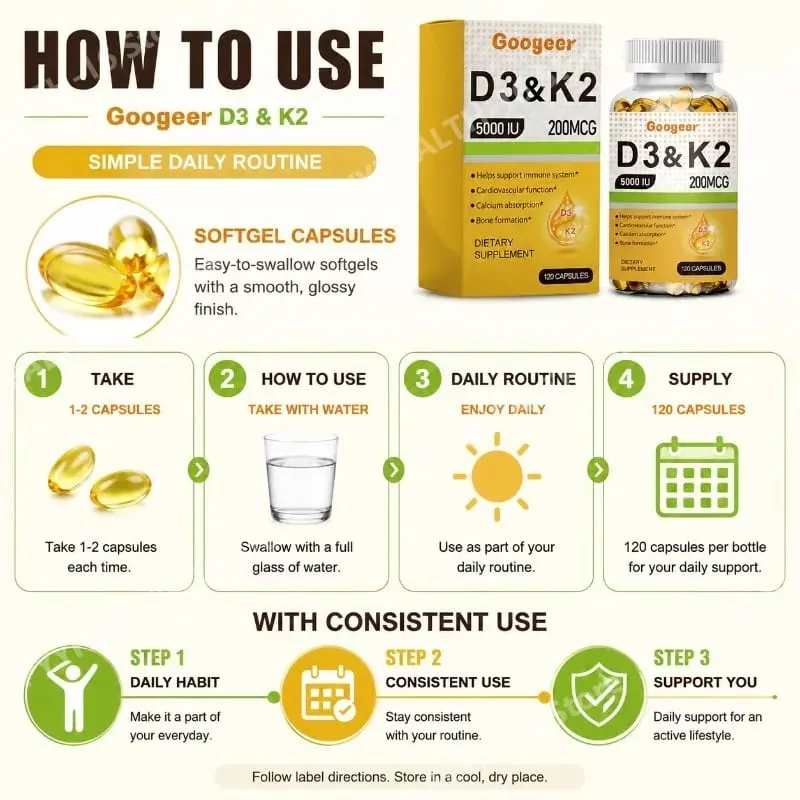 Googeer Vitamin D3 & K2 Capsules with Immune System Support and Bone Formation Support for Calcium Absorption 120 Capsules — image 6