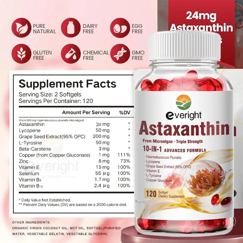 Astaxanthin 24mg – Powerful Antioxidant for Skin Eyes Immune System – 10-in-1 Formula Lycopene Grape Seed Vitamin E & Zinc