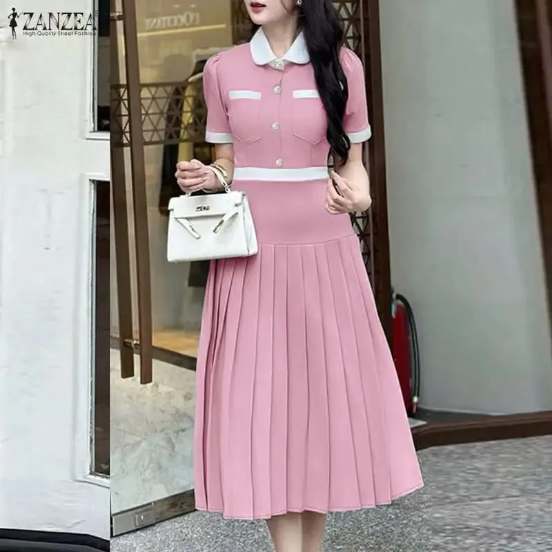 2026 ZANZEA Summer Elegant Lapel Neck Short Sleeve Sundress Women Stylish A Line Pleated Dresses Patchwork Work Midi Dress Robe — image 4