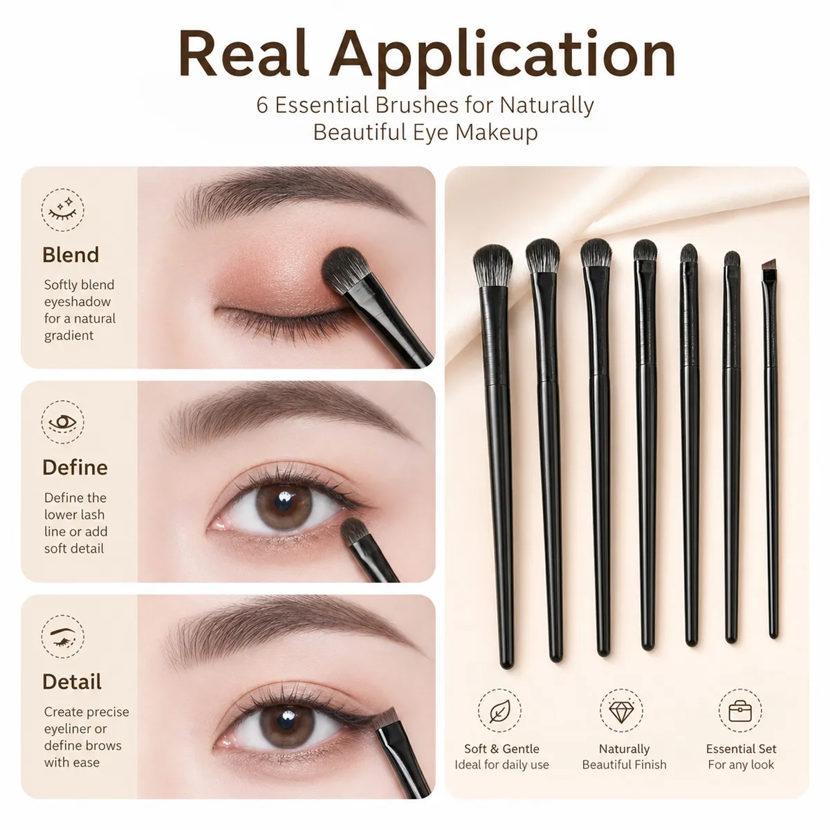 6-Piece Eye Makeup Brush Set: Professional Soft Contour Eyeshadow Brush Small Eye Makeup Brushes for Detailed Eye Makeup Facia
