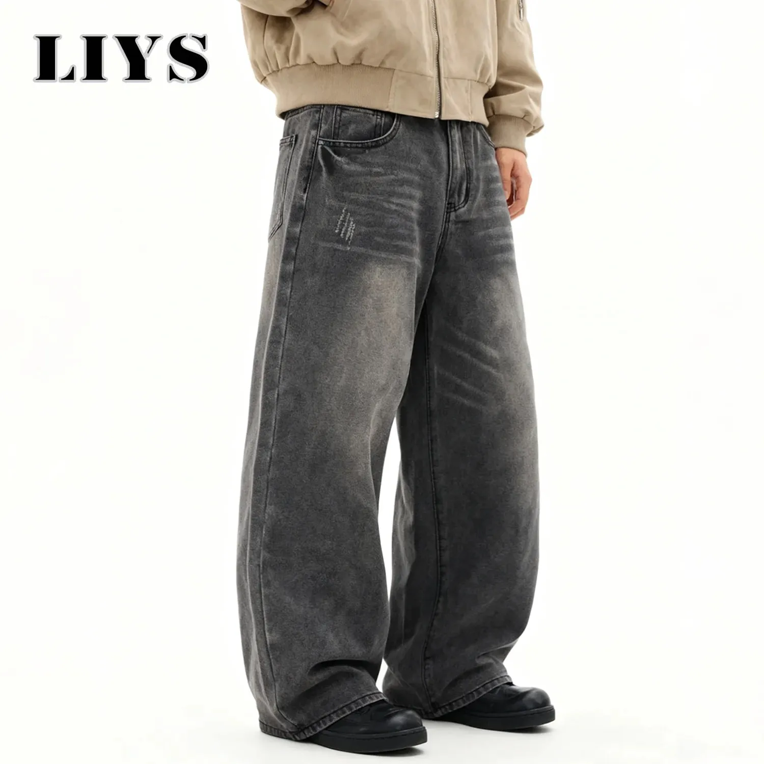 Men's American Retro Gray Baggy Wide Leg Jeans Daily Business Casual Loose Straight Leg Denim Pants Four Seasons Men's Clothes — image 4