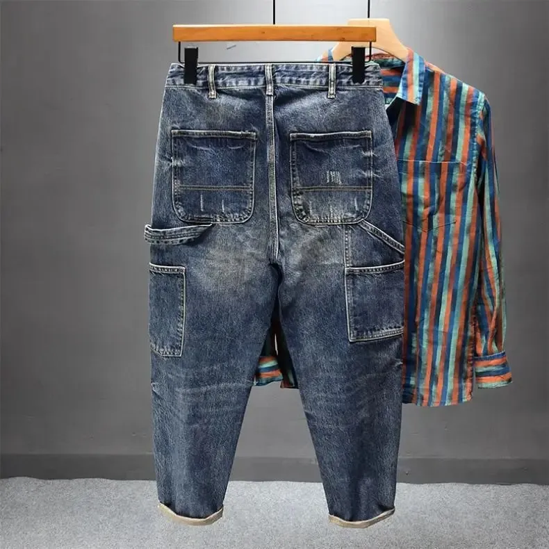 Pesado na moda 2025 marca de ferramentas jeans multi-bolso tendência masculina solta retro pequenos pés harlan retalhos carga calças retas — image 7