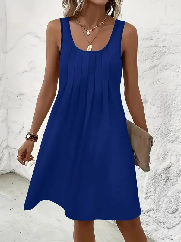 2026 New Casual Women Tank Dresses U Neck Front Pleated Loose Swing Mini Dress Solid Color Soft Summer Beach Daily Wear Robes — image 6