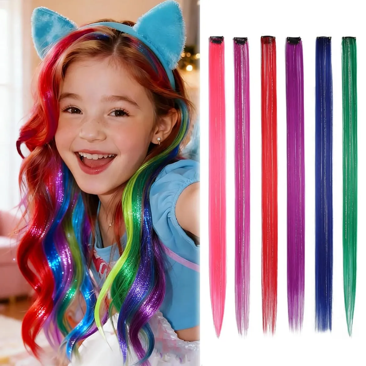 Synthetic Clip in Hair Extensions for Girls 22 inch Multi-colors 6pcs/pack Rainbow Straight Hair Synthetic Hairpieces — image 7