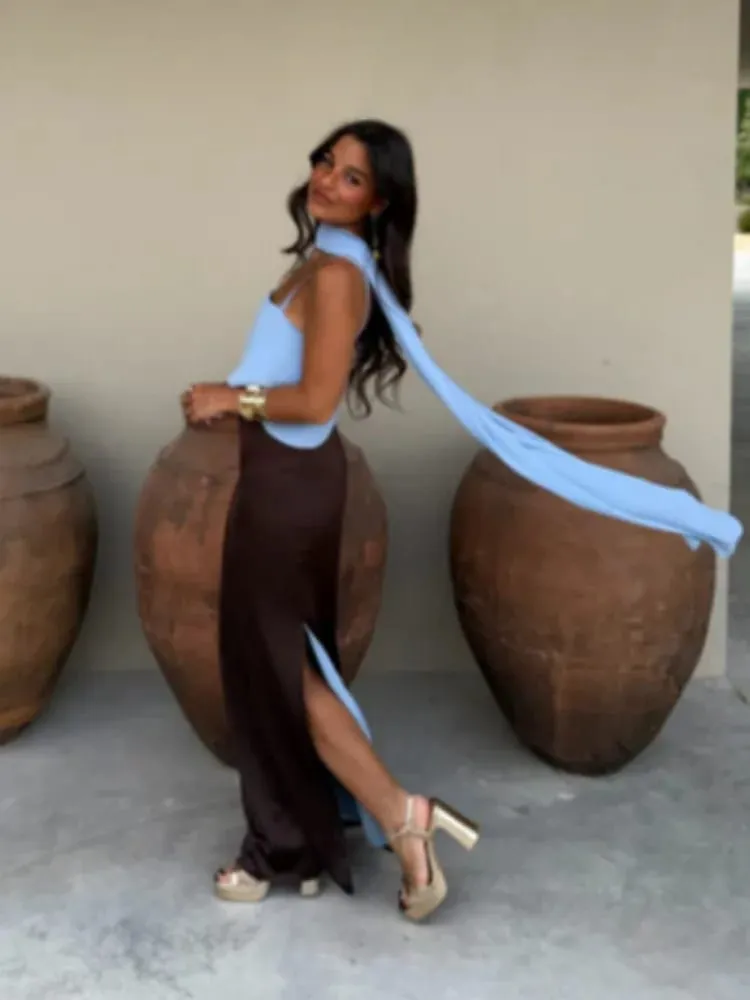 Fashion Contrasting Sling Dress Women Square Neck Sleeveless High Waist Slim Maxi Dress With Scarf 2026 Summer Lady Party Robe — image 4