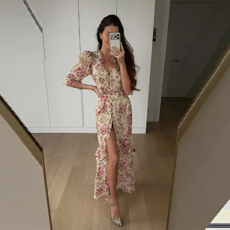 V-neck Organza Floral Chiffon Puff Sleeve Slit Long Dress Bodycon High Slit Bodycon Sexy Dresses Lady Chic Daily Sweet Date Robe — image 10