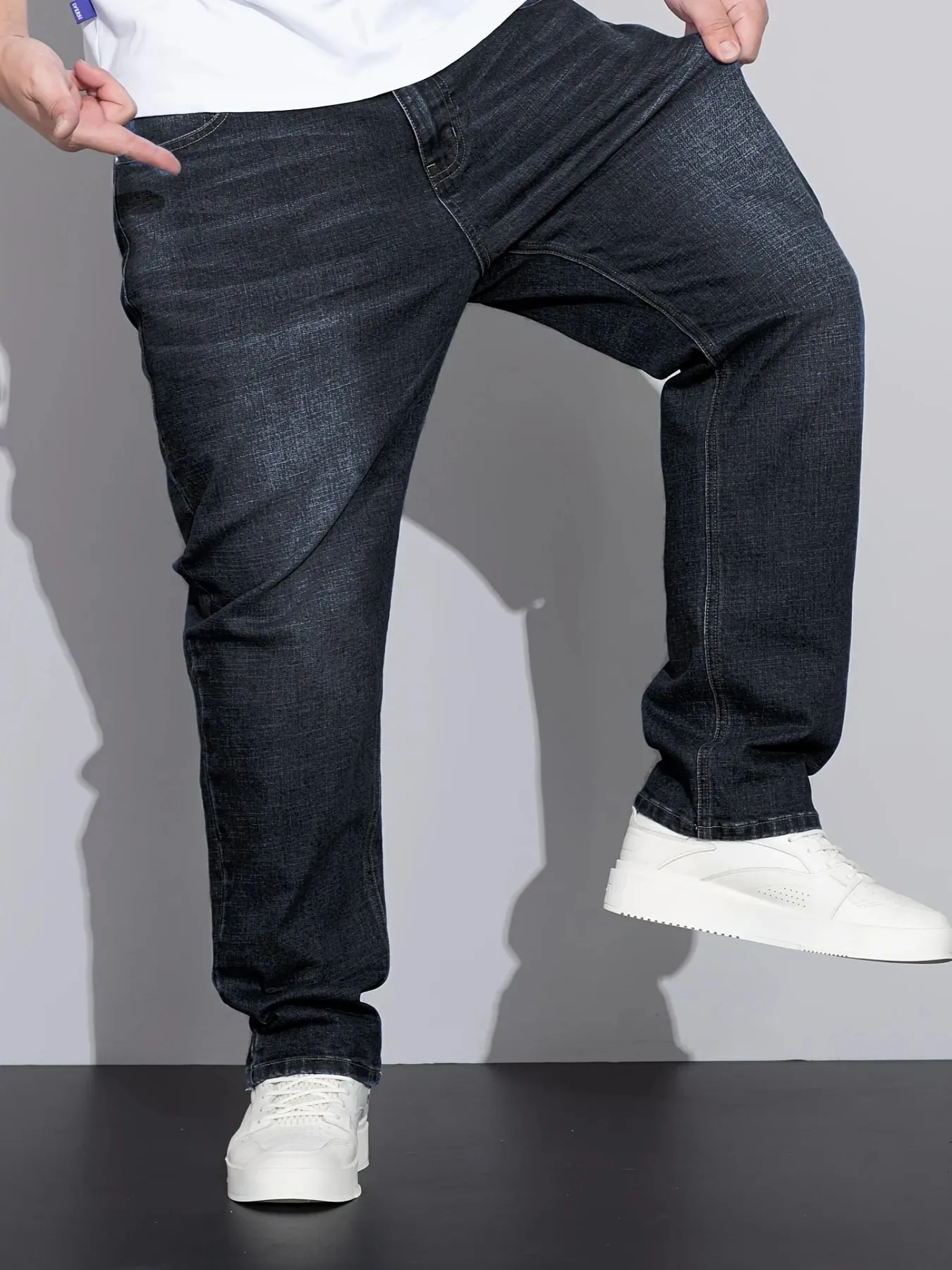 Men's Stretch Straight Jeans Plus Size Loose Fit Denim Trousers For Big Belly Guys Casual Long Pants Big Sizes To 50