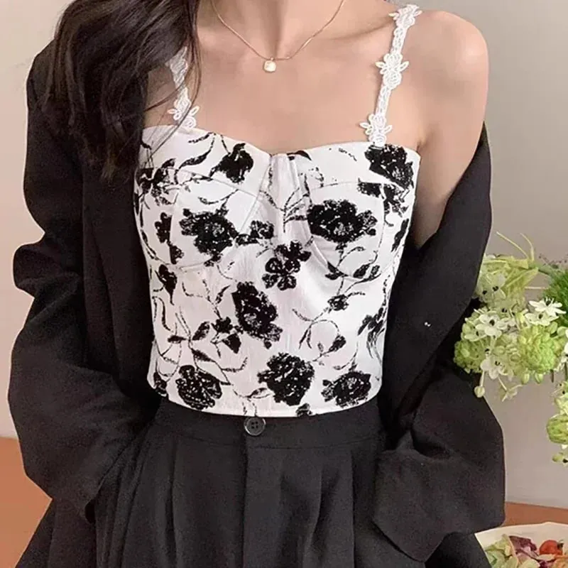 Women Sweet Elastic Camis Underwear Padded Bra Spaghetti Cute Crop Tops Print Tank Tops For Women Summer — image 4