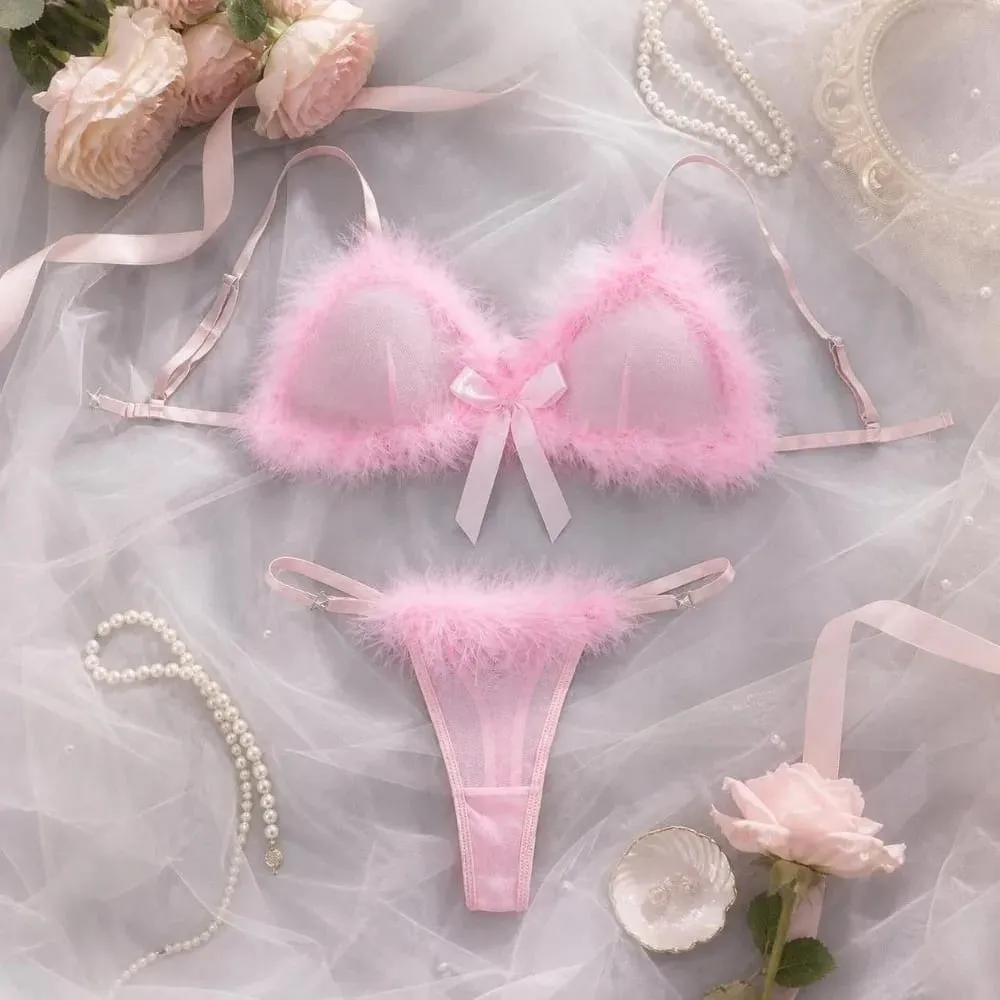 New Year Furry Women's Underwear Wireless Bow Decor Lingerie Set Romantic Intimate Mesh Transparent Bra Panties Suit Home