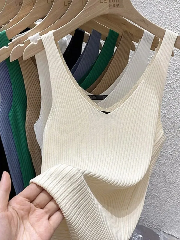 Zjaiss 2026 Summer Fashion Women Camisole Ice Silk Knit Tank Top Slim Fit Sleeveless Base Top Solid Color V-Neck Crop Top — image 2