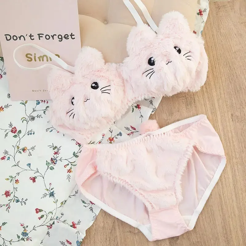 Conjunto de sujetador japonés Kawaii de felpa para mujer, Conjunto de sujetador cómodo con bonito gato para chica, ropa interior de dibujos animados, lencería suave y encantadora para estudiantes