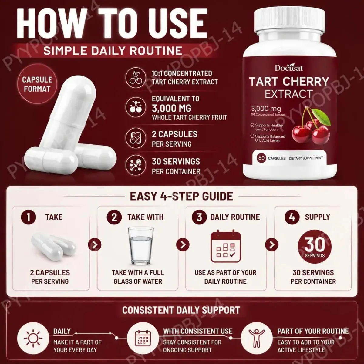 Docteat Tart Cherry Extract Capsules Supports Balanced Uric Acid Levels and Post-Exercise Recovery Comfort 10:1 60 Capsules