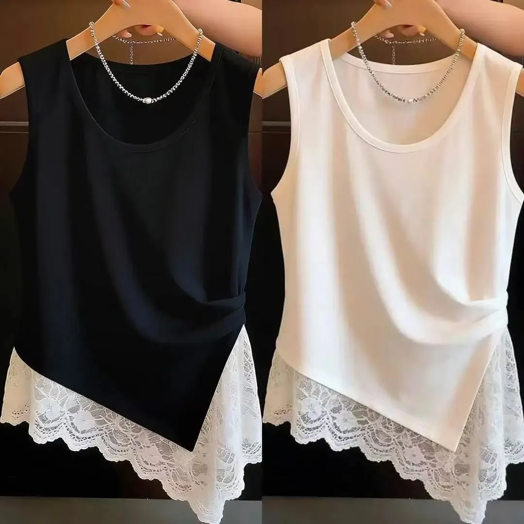 Spring and summer large-size women's clothing new commuter wind pleated design sense lace lace splicing irregular vest — image 2