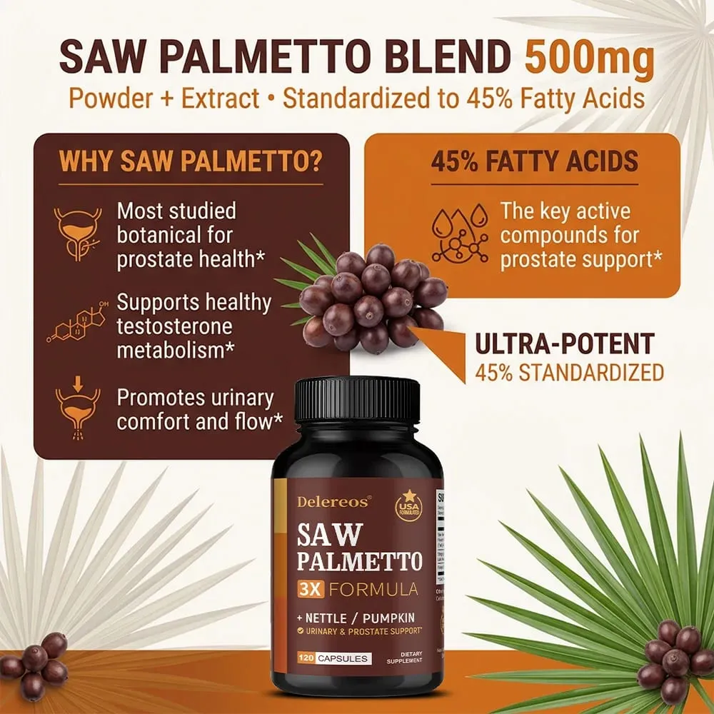 Saw Palmetto Capsules with Stinging Nettle Promote Prostate Health Reduce Baldness and Thinning Hair Men’s Daily Wellness