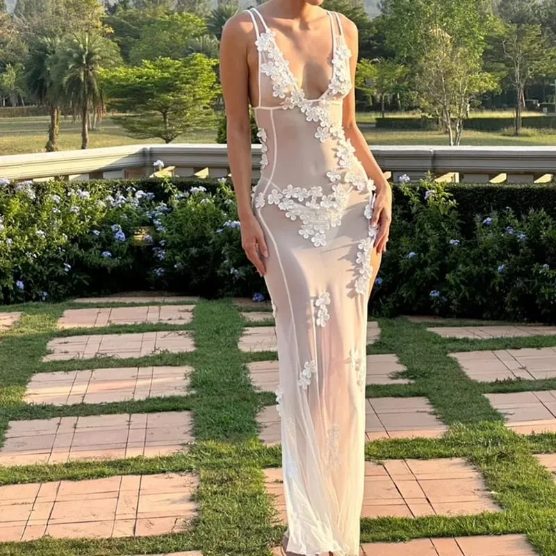 Phụ nữ Gợi Cảm Đảng Đêm Hở Lưng Cổ V Chia Đầm Cocktail 90 Hoa Vintage Sheer Lưới Dài Đầm Sang Trọng Boho Đi Biển bao che-bộ lưu điện — image 6