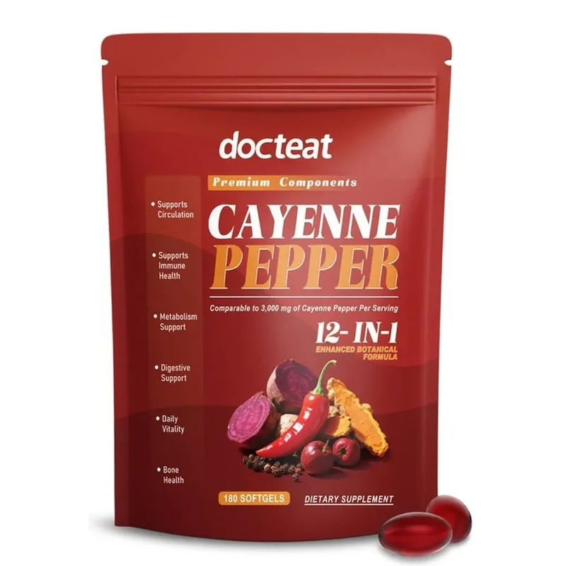 Docteat Cayenne Pepper Softgels with Vitamin D3 and K2 Energy Metabolism and Digestive Support Antioxidant Defense 180 Softgels