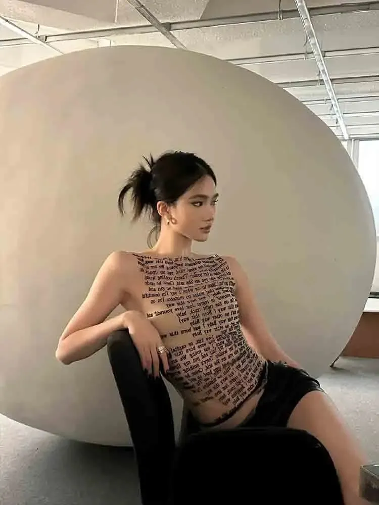 Fashion Trendy Round Collar Sleeveless Tank Mesh Sexy Article Print Slim Casual Top Women Hipster Wear — image 5