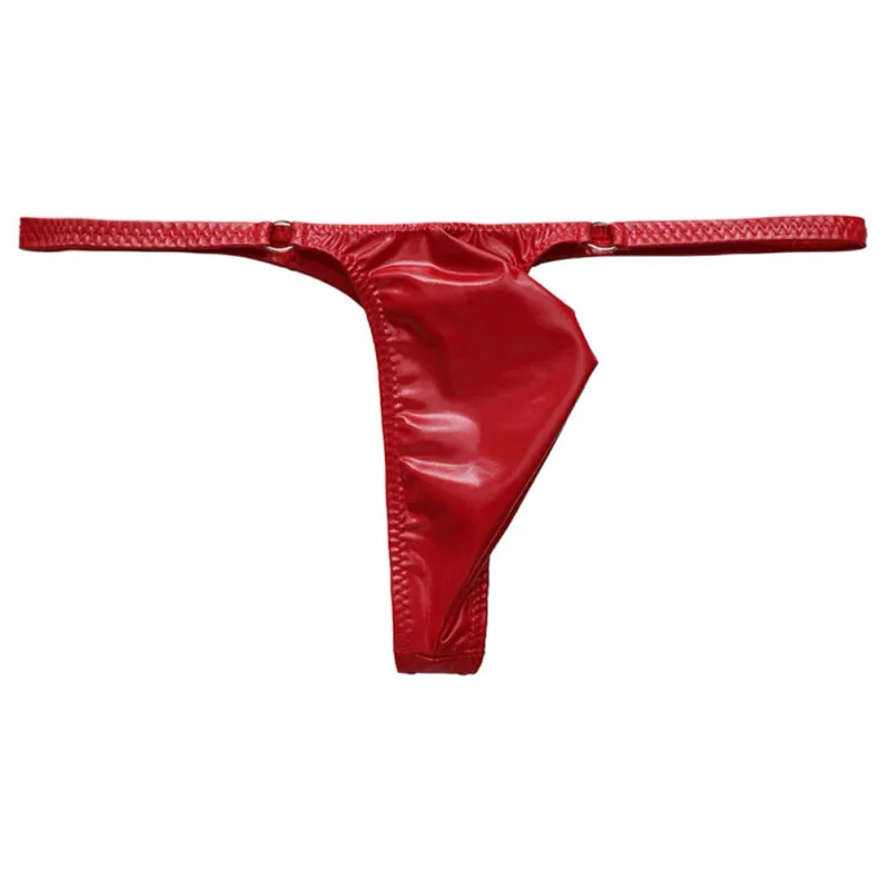String en cuir brillant pour hommes, 1 pièce, avec anneau en métal, tongs, pochette bombée Gay, taille basse, sous-vêtements extensibles, exposant les fesses, Sexy