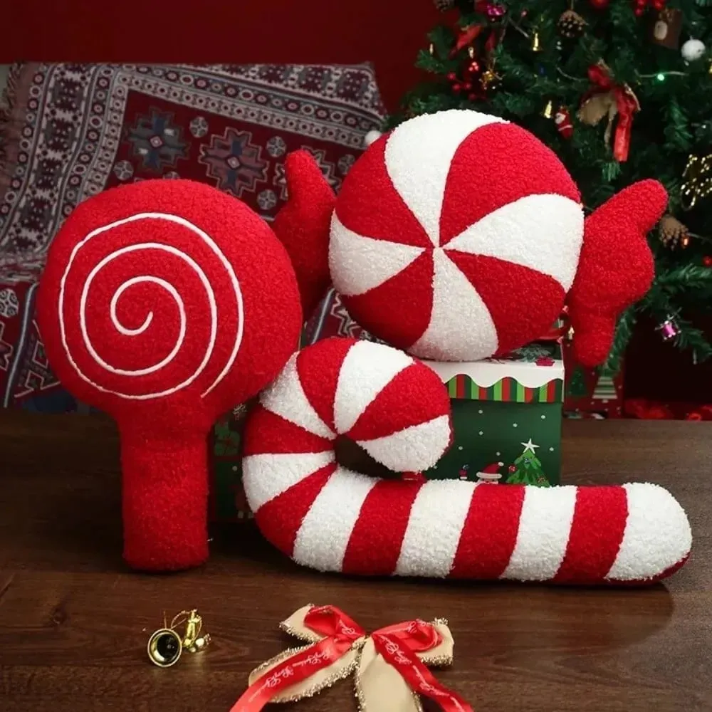 New Soft Christmas Cartoon Pillow Red Plush Red Decoration Pillow Candy Crutch Living Room Sofa Cushions Christmas