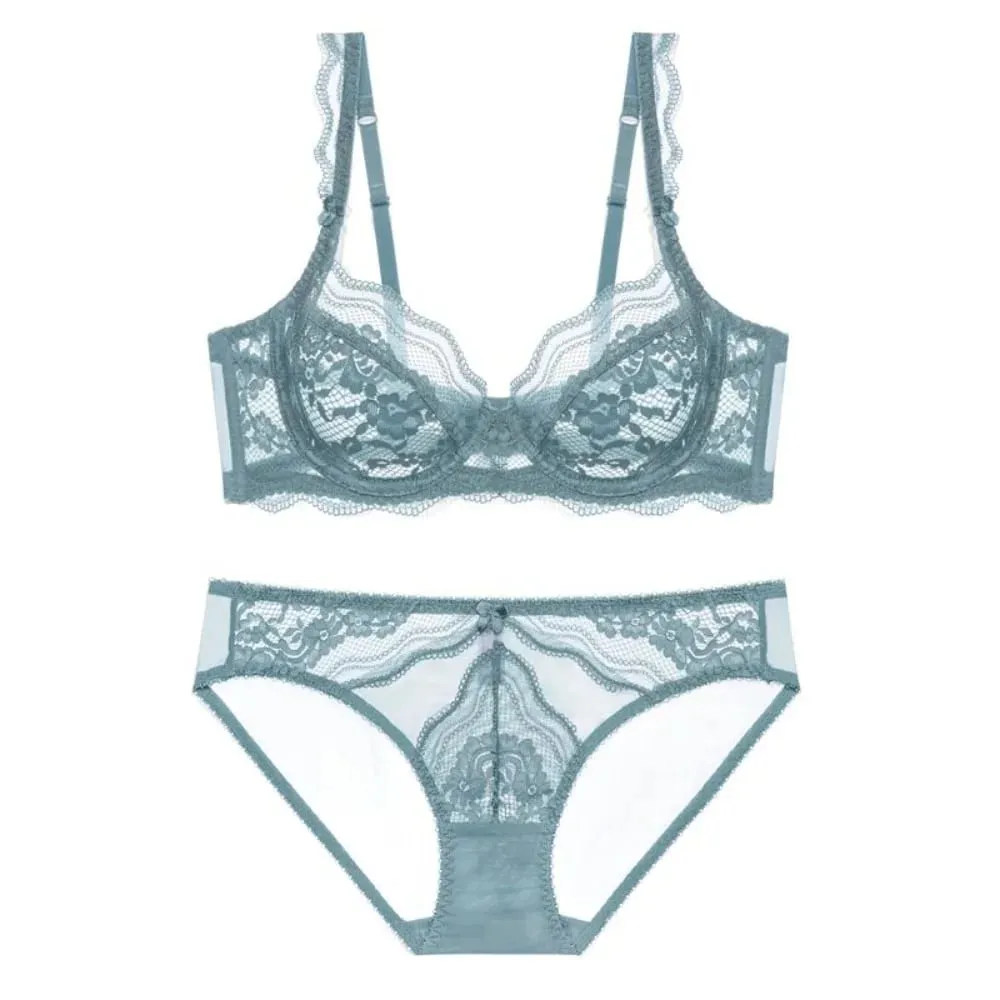 Plus Size Full Bust Minimizer Bra Set Sheer Floral Lace Thin Anti Sag Support Transparent Underwear Women Breathable Intimates