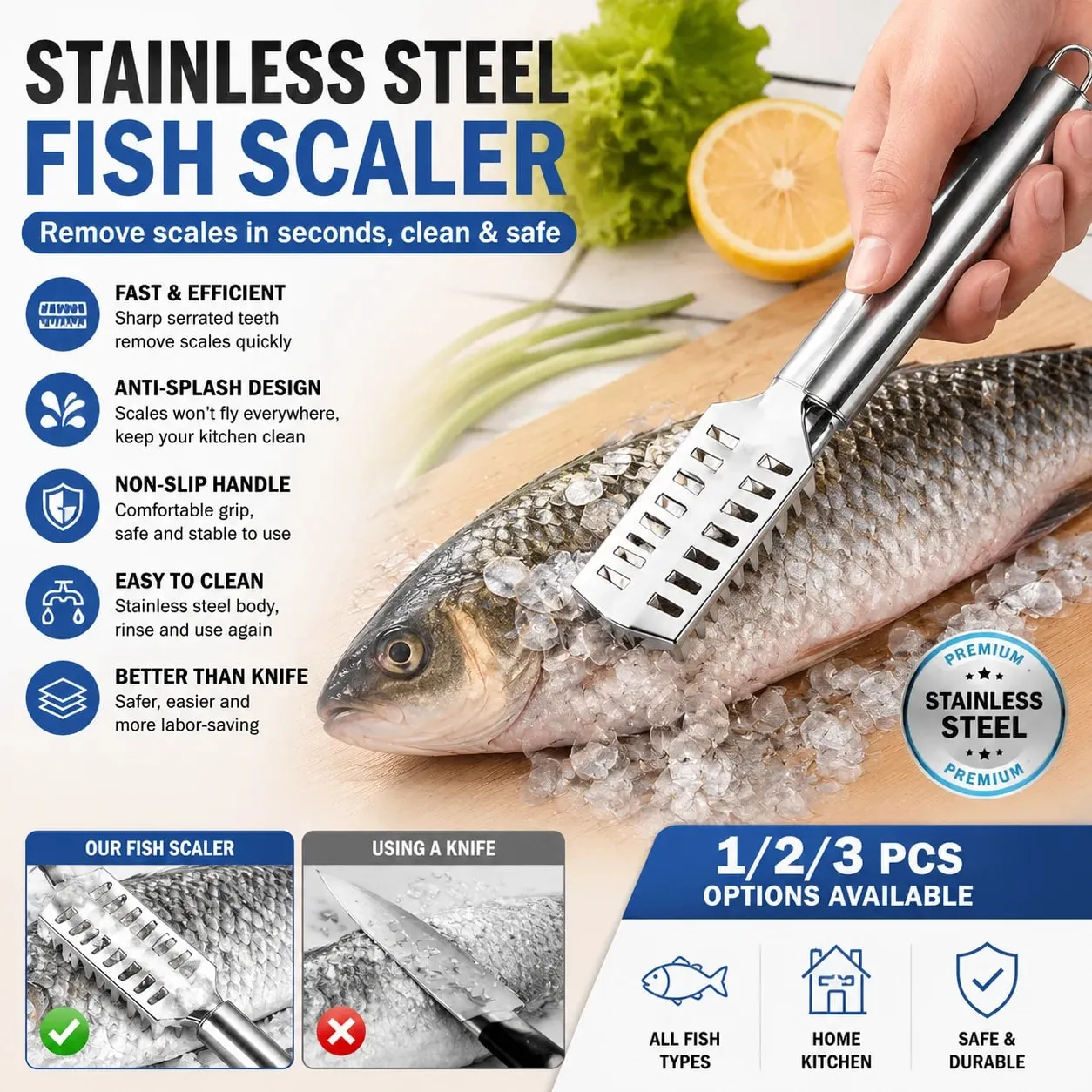 Fish Scale Remover Stainless Steel Anti-Splash Scraper with Ergonomic Non-Slip Grip Rust-Proof Kitchen Gadget for Fish Cleaning — image 5