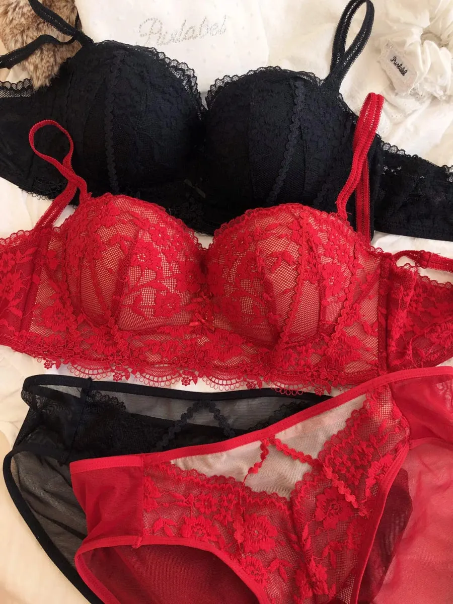 Women Seamless Underwear Set Sexy Lace Flowers Embroidery Bra Thicken 1/2 Cup Push Up Bras Detachable Strap Lingerie Panties Set — image 5
